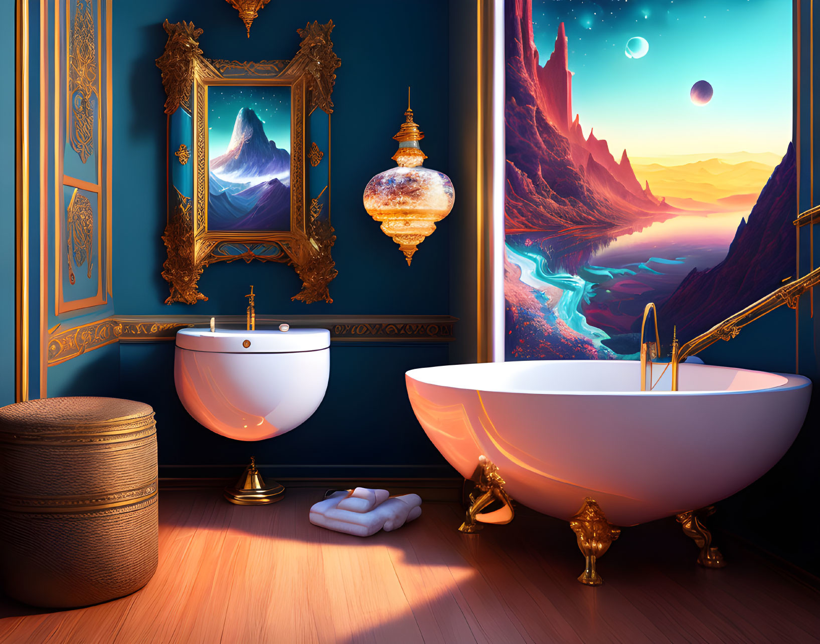 Luxurious Bathroom with Freestanding Tub and Golden Fixtures