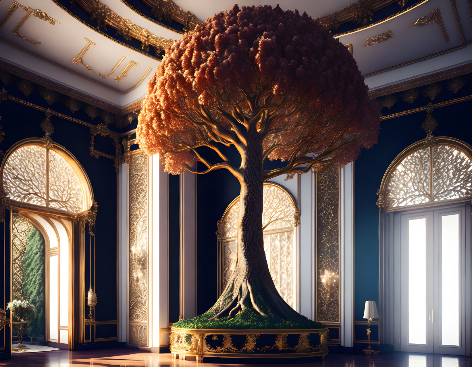 Majestic tree in opulent room with gold-trimmed arches