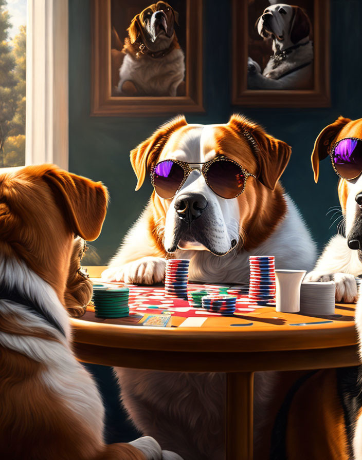 Dogs Playing Poker Scene with Sunglasses and Chips
