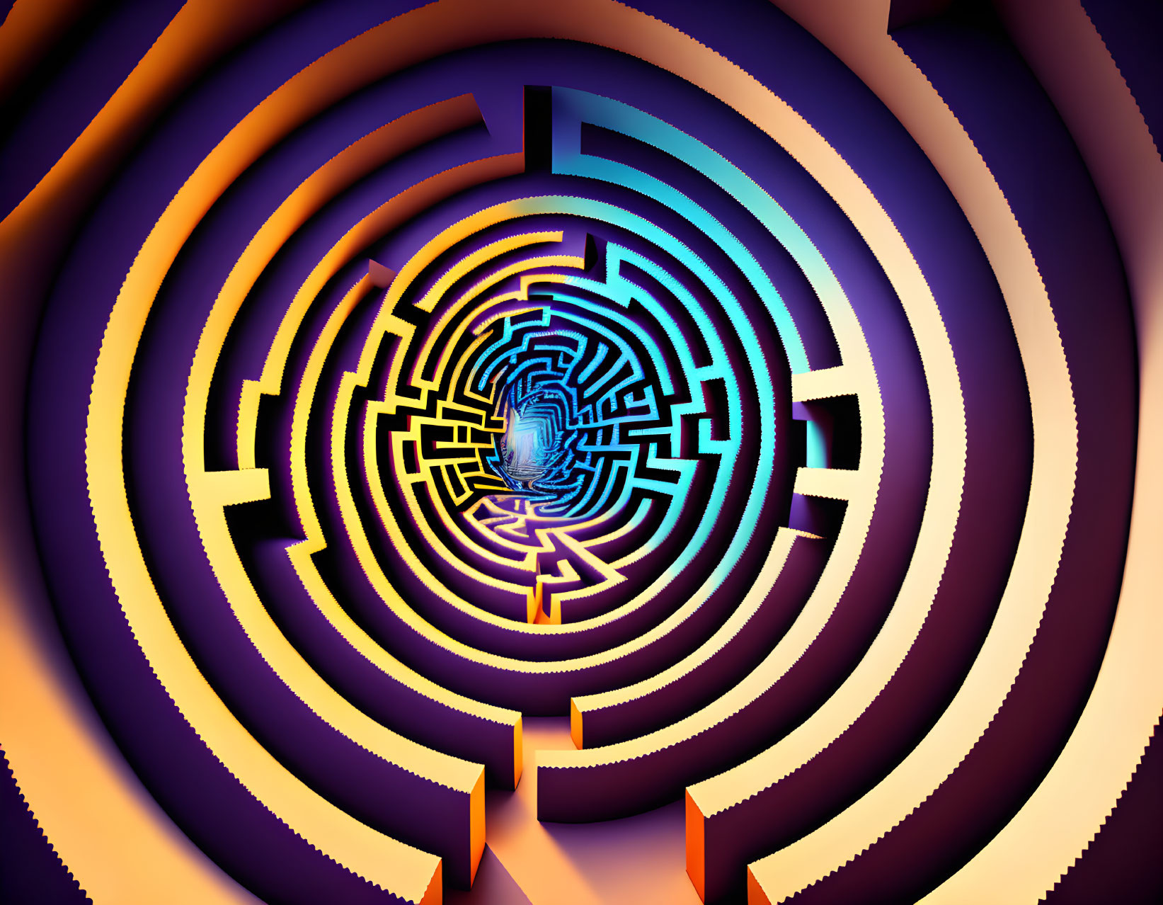 Colorful digital artwork of a purple and yellow labyrinth with mysterious figure