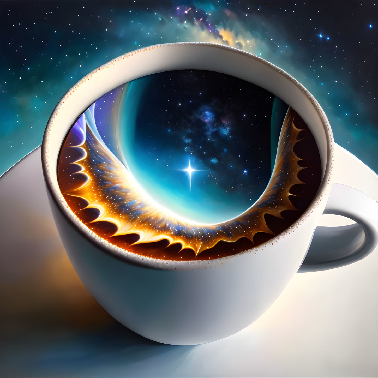 Vibrant galaxy and celestial colors in coffee cup scene