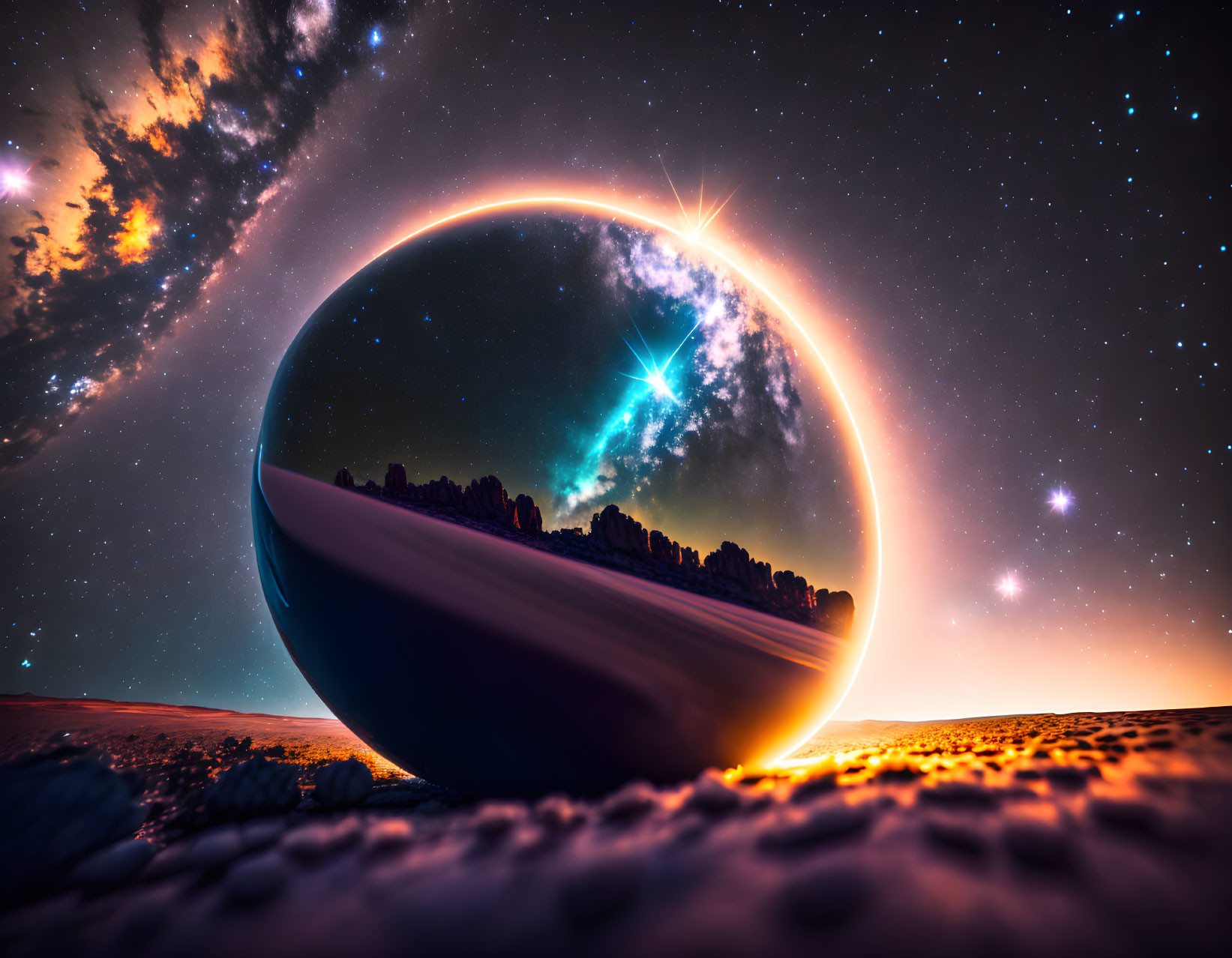 Gigantic planet in cosmic landscape with vibrant nebula