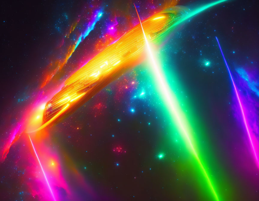 Colorful digital artwork: Cosmic scene with radiant light beams