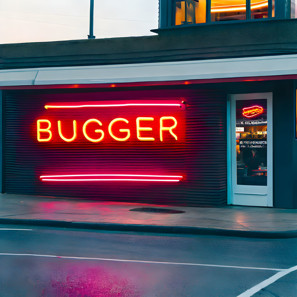 Neon "BUGGER" sign on building facade at twilight