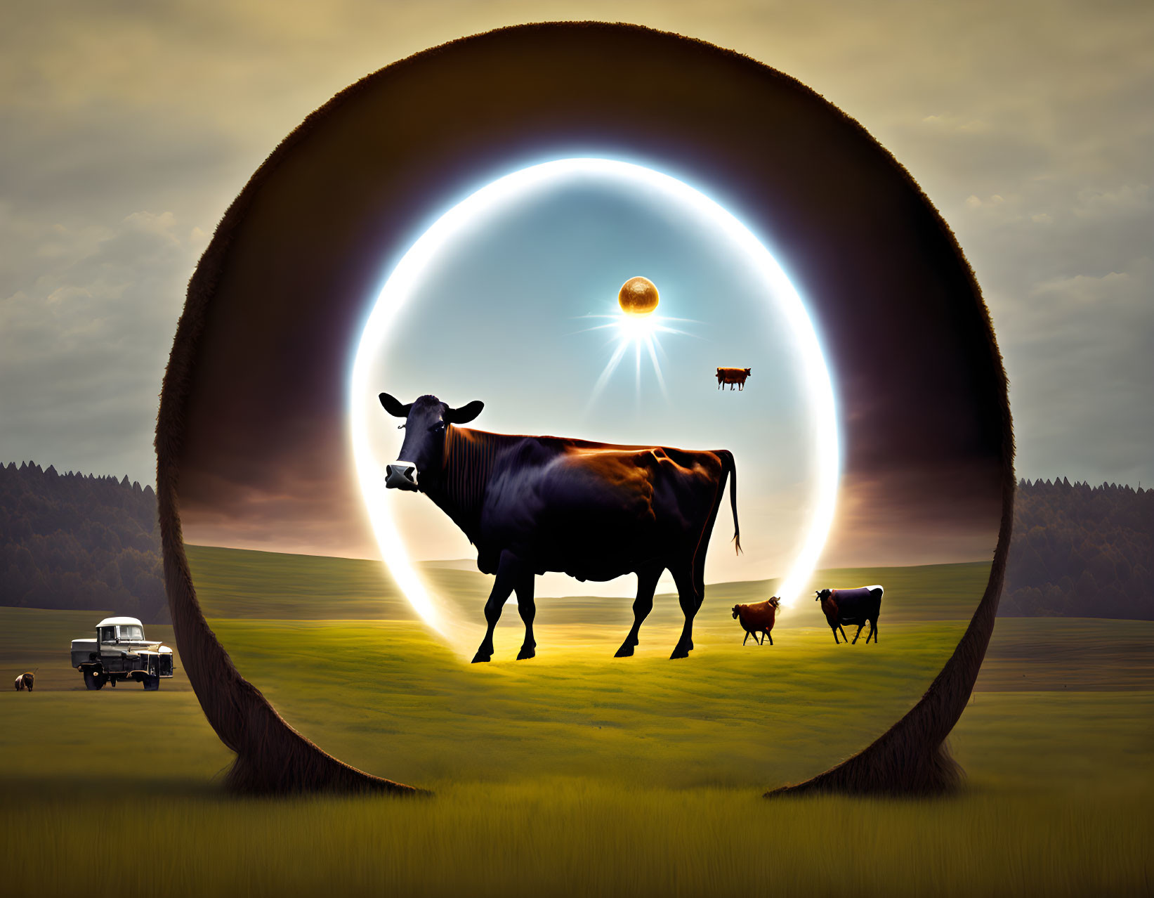 Surreal landscape with cow silhouette, floating island, vintage car, and celestial body