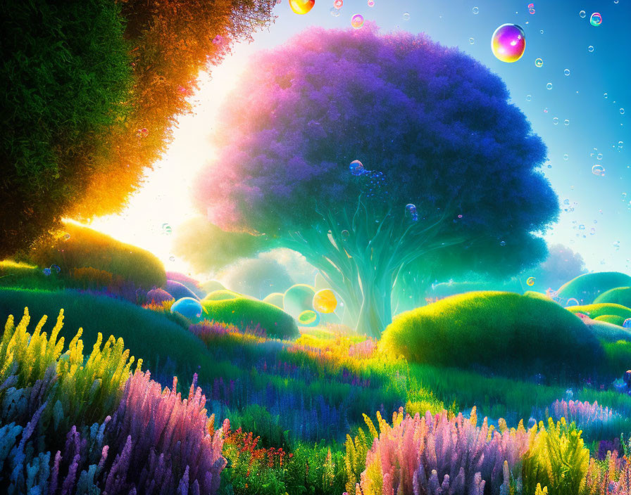 Colorful Fantasy Landscape with Purple Tree and Glowing Foliage