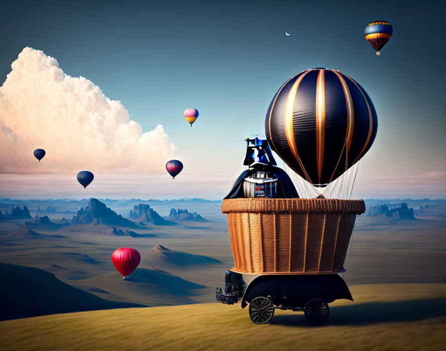 Colorful hot air balloons float over desert rock formations.
