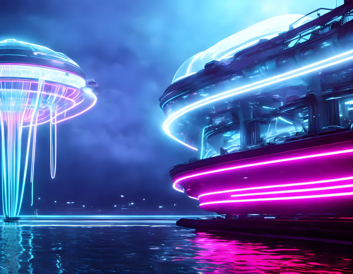 Neon-lit floating architecture in futuristic cityscape