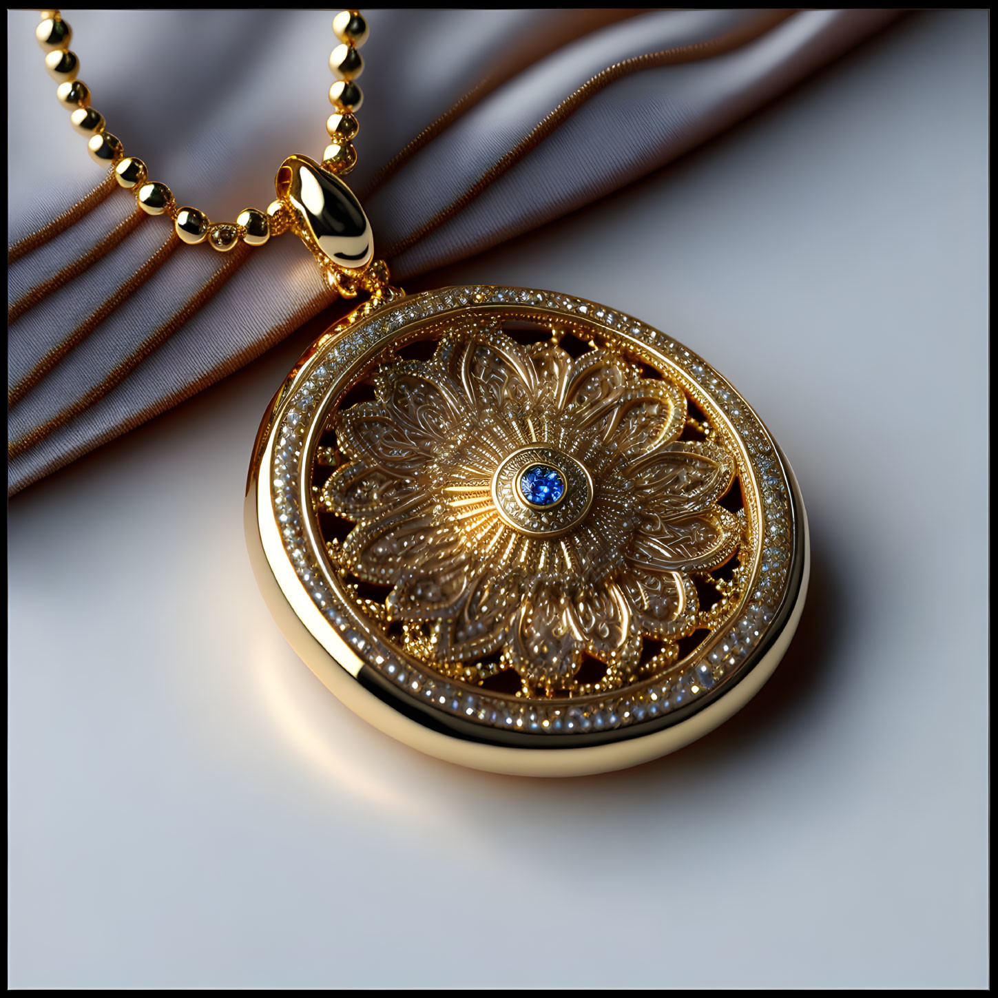 Circular Golden Pendant with Blue Gemstone on Gold Chain