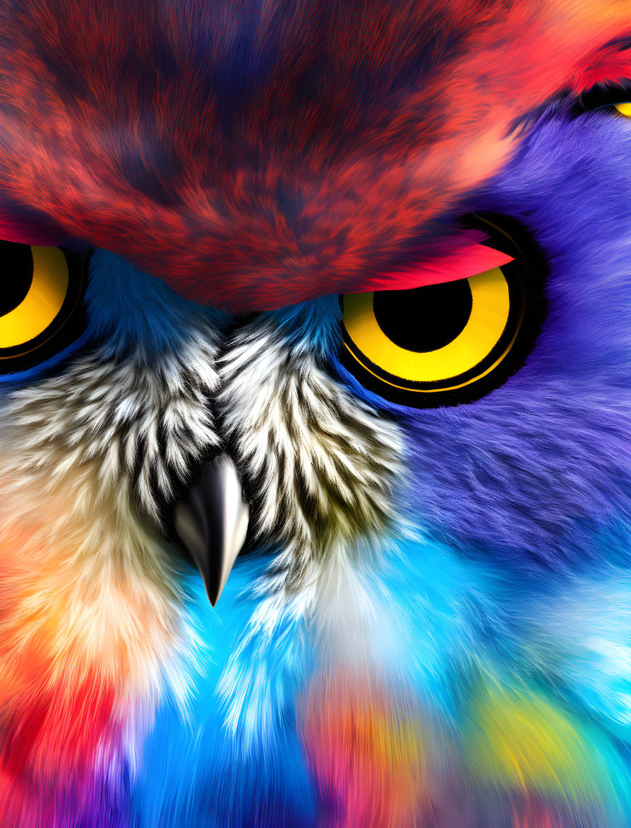 Colorful Owl Face with Yellow Eyes and Rainbow Hues