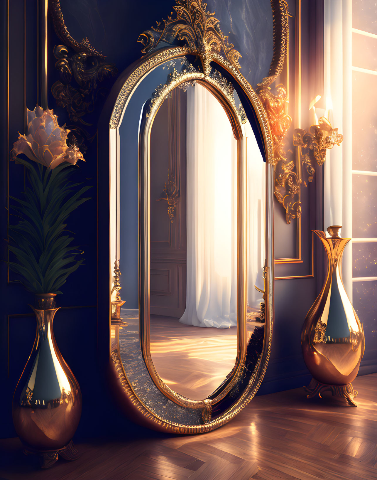 Luxurious Room with Golden Mirror, Curtains, Vase, and Flowers