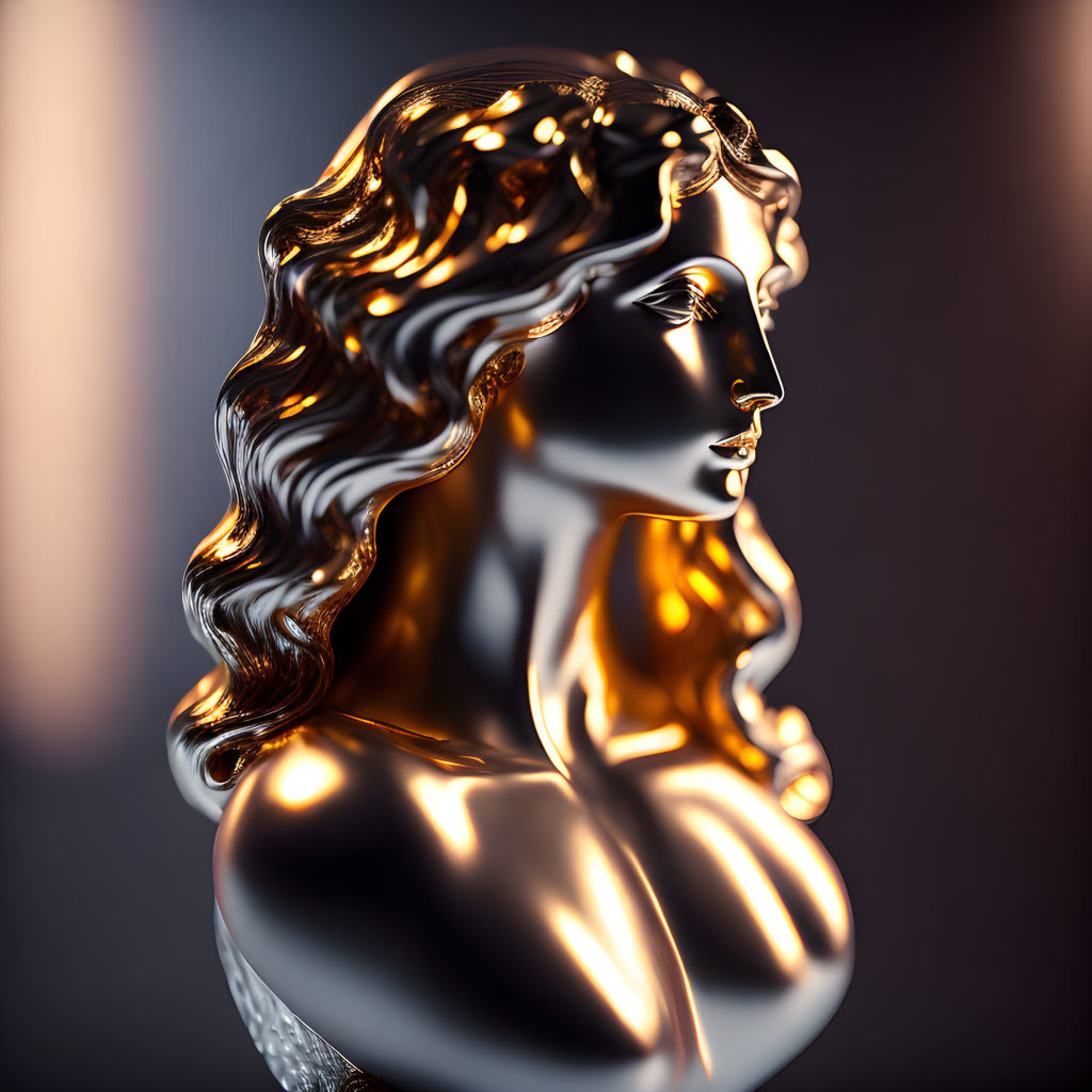 Golden glossy woman profile sculpture with wavy hair on blurred background.