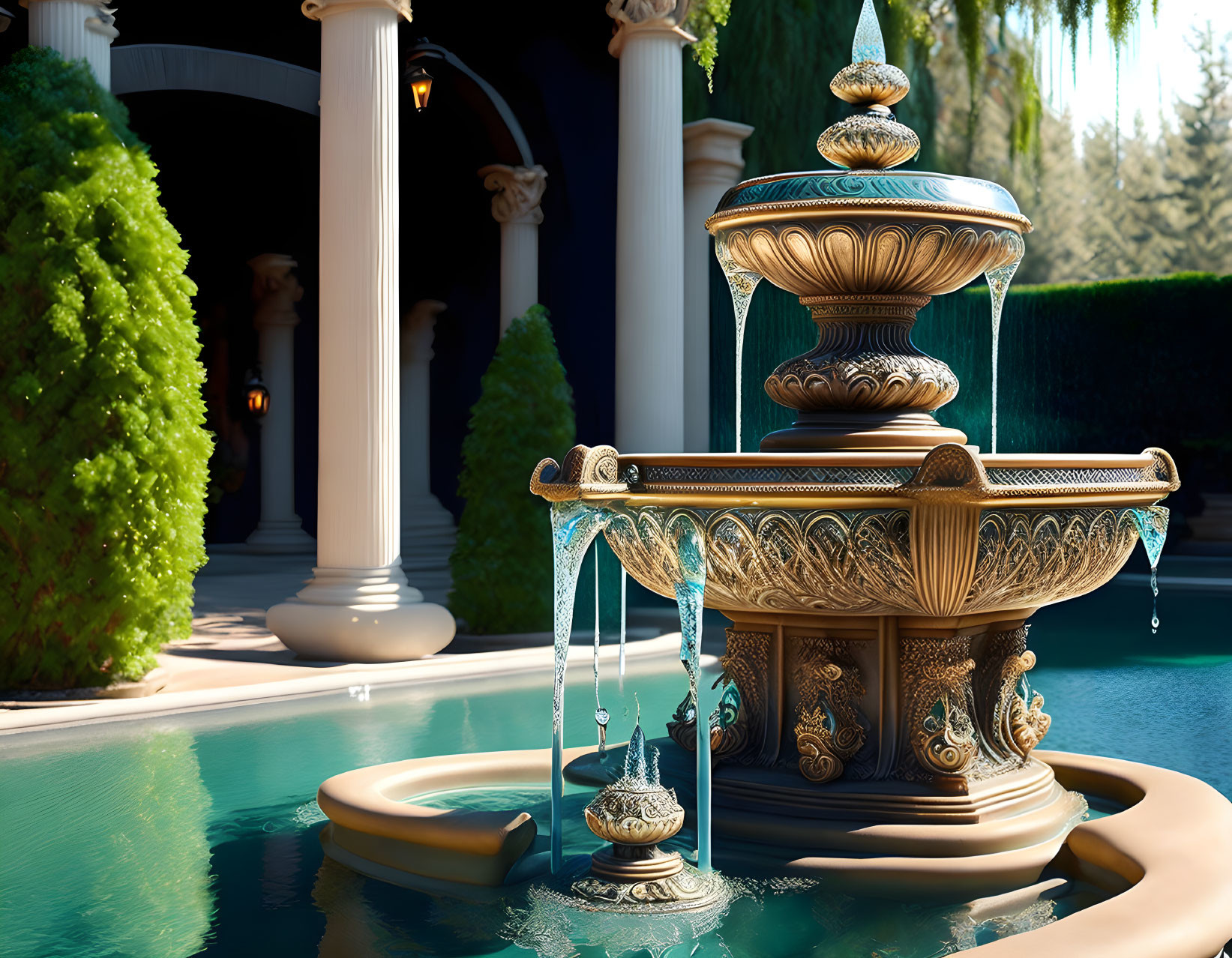 Three-tiered fountain with streaming water, pool, hedges, and classical columns.