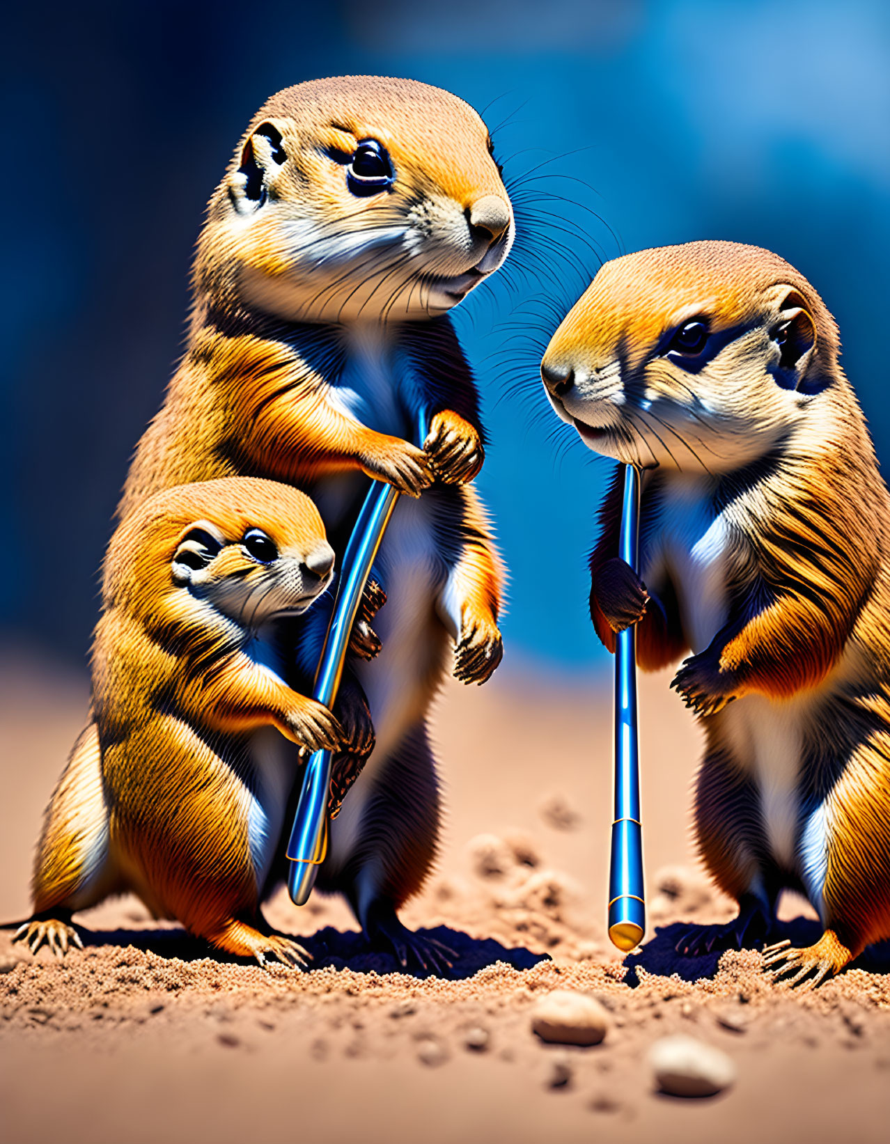 Three Prairie Dogs with Pencil on Sandy Surface Against Blue Background