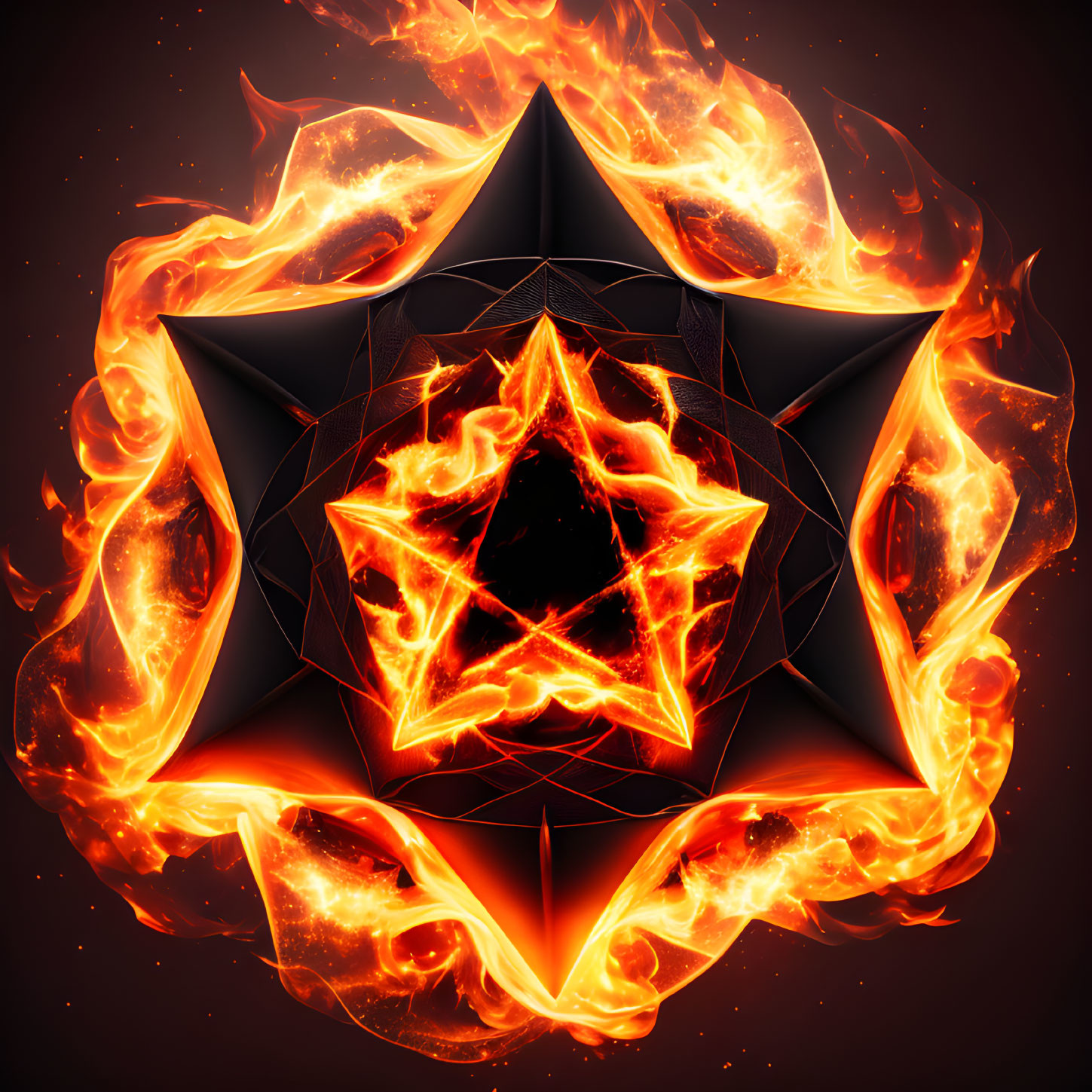 Colorful digital artwork: Fiery star with fractal design on dark background