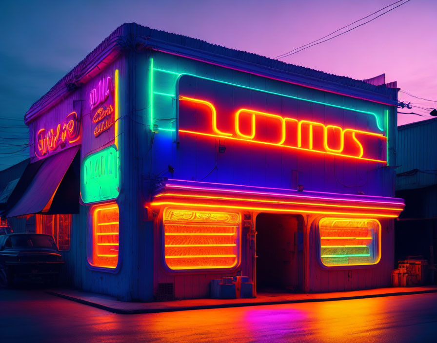 Vibrant pink and blue neon-lit building corner at twilight with foreign script signs