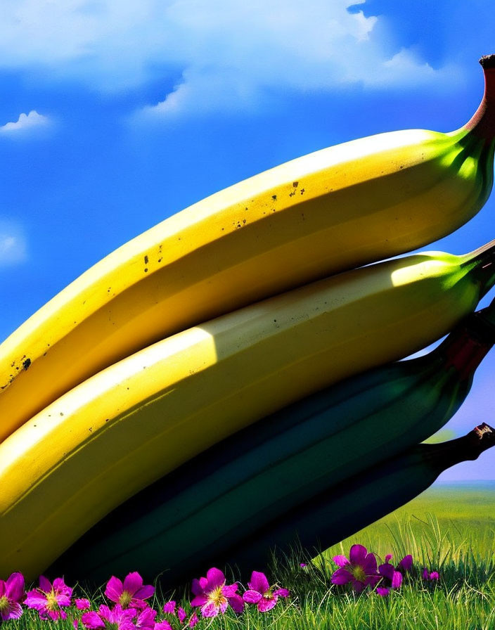 Ripe bananas against blue sky and green field with pink flowers