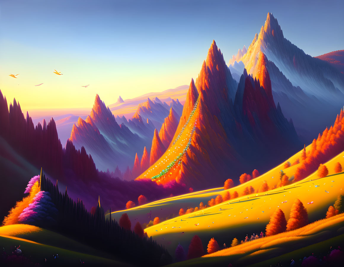 Colorful Mountains, Luminous Trees, Golden Field: Fantasy Landscape under Sunset Sky
