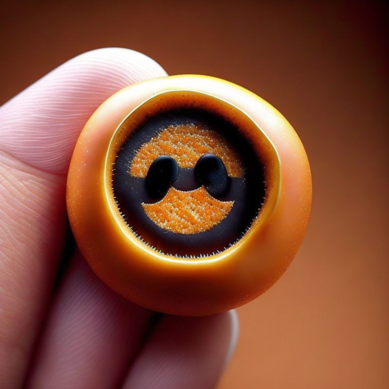 Close-up of fingers holding small round object with orange rim and black center featuring smiling face elements.