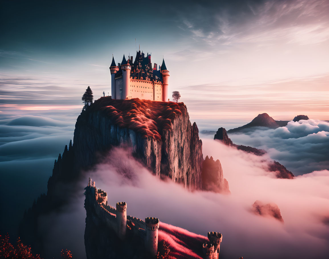 Majestic castle on steep cliff in dramatic sky