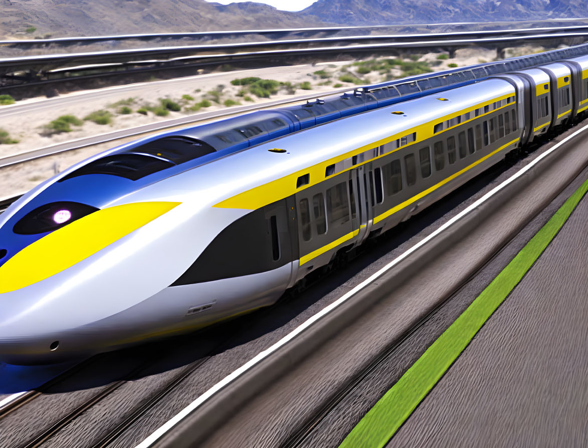 Bright yellow and white high-speed train in desert landscape with mountains