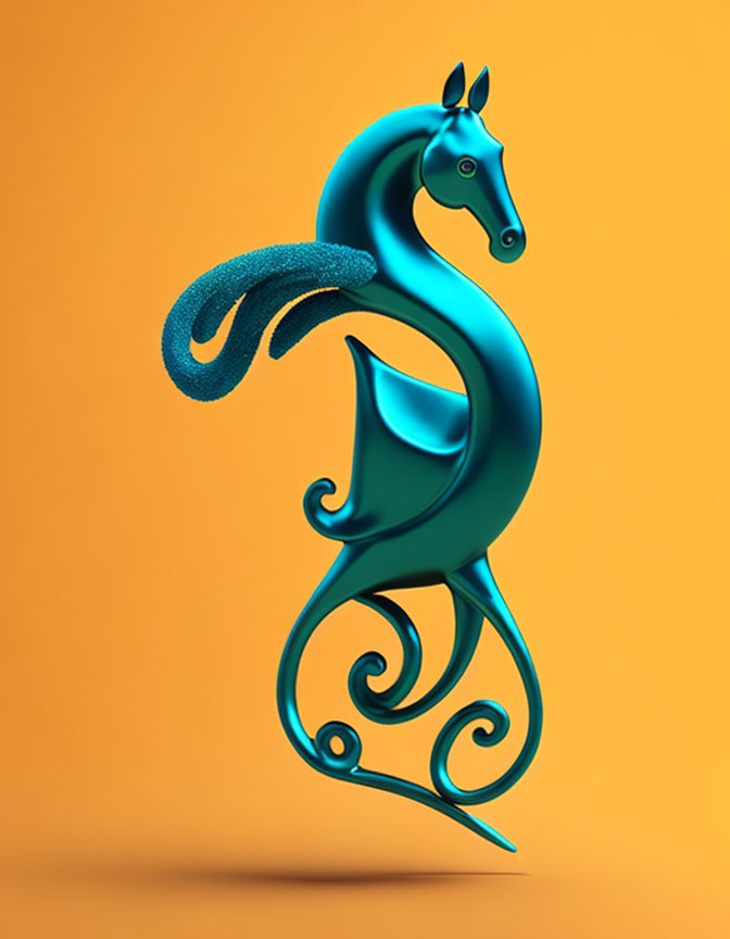 Turquoise Seahorse Sculpture with Swirling Designs on Orange Background