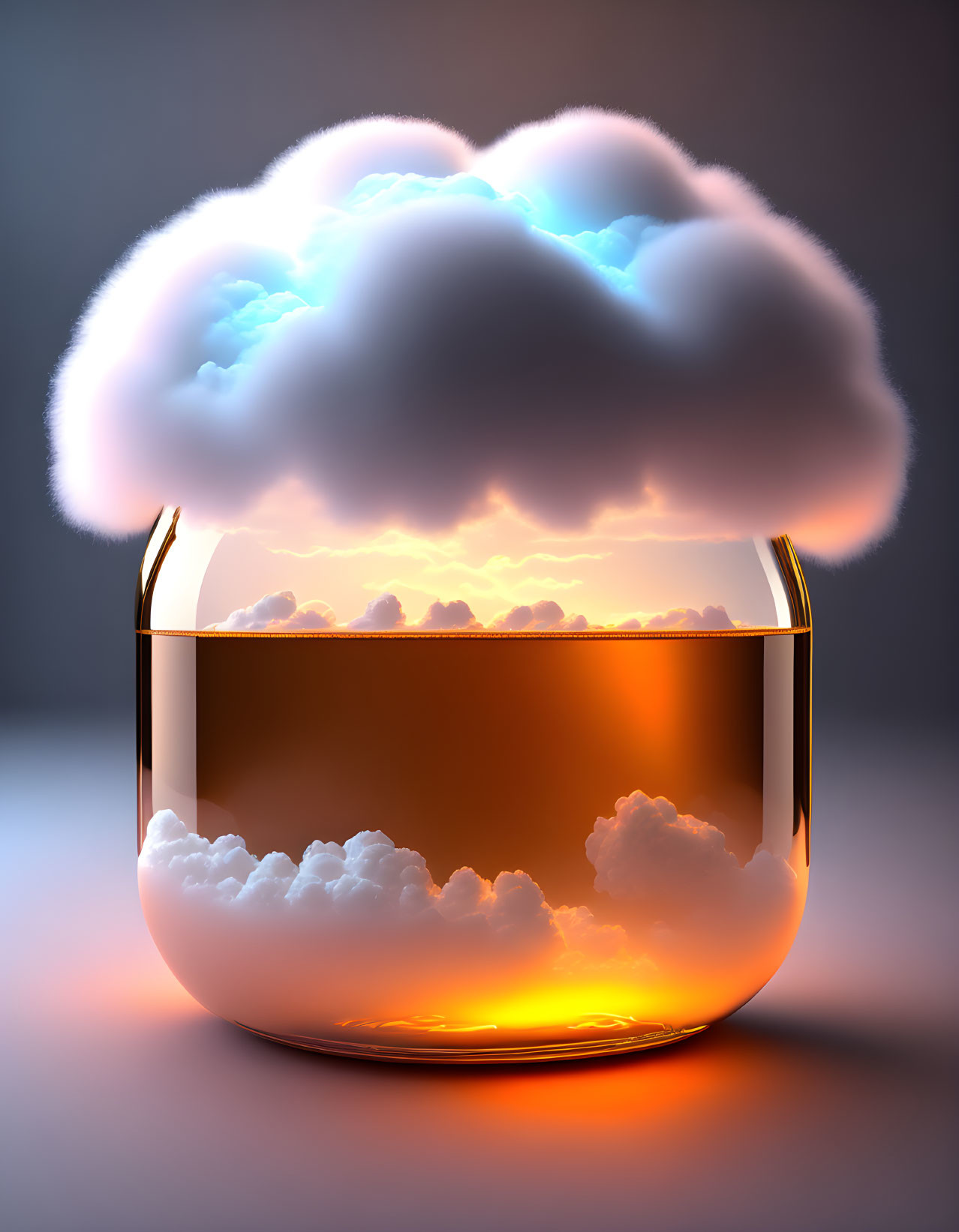 Glass sphere with golden sunset cloudscape and fluffy cloud on purple backdrop