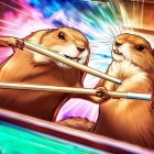 Colorful animated scene: Three beavers rowing boat in fantastical setting