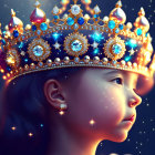 Profile of a young girl with glowing ornate crown and blue gems, surrounded by lights and flowers