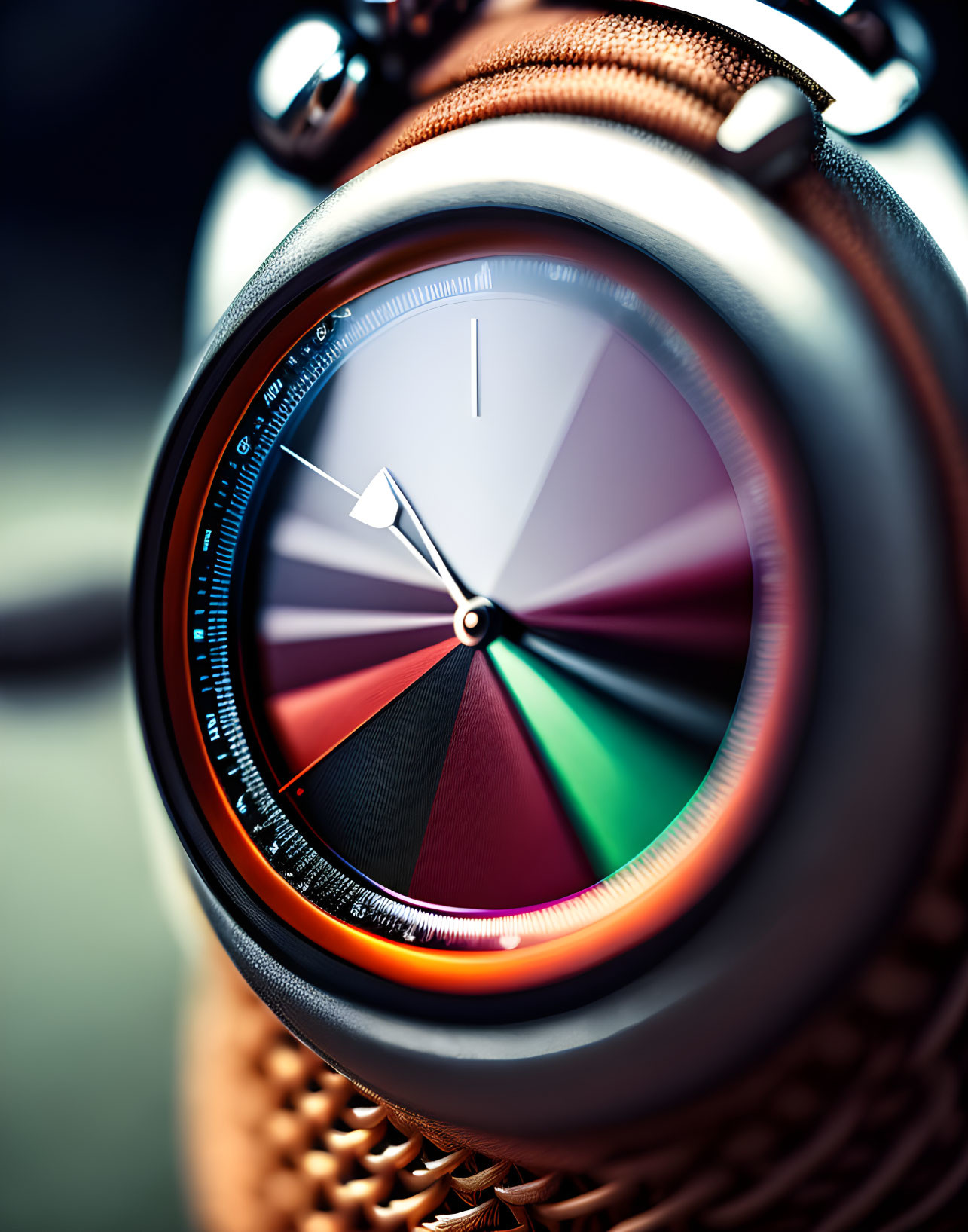 Colorful wristwatch with multicolored dial, metallic hands, and textured brown strap in close-up