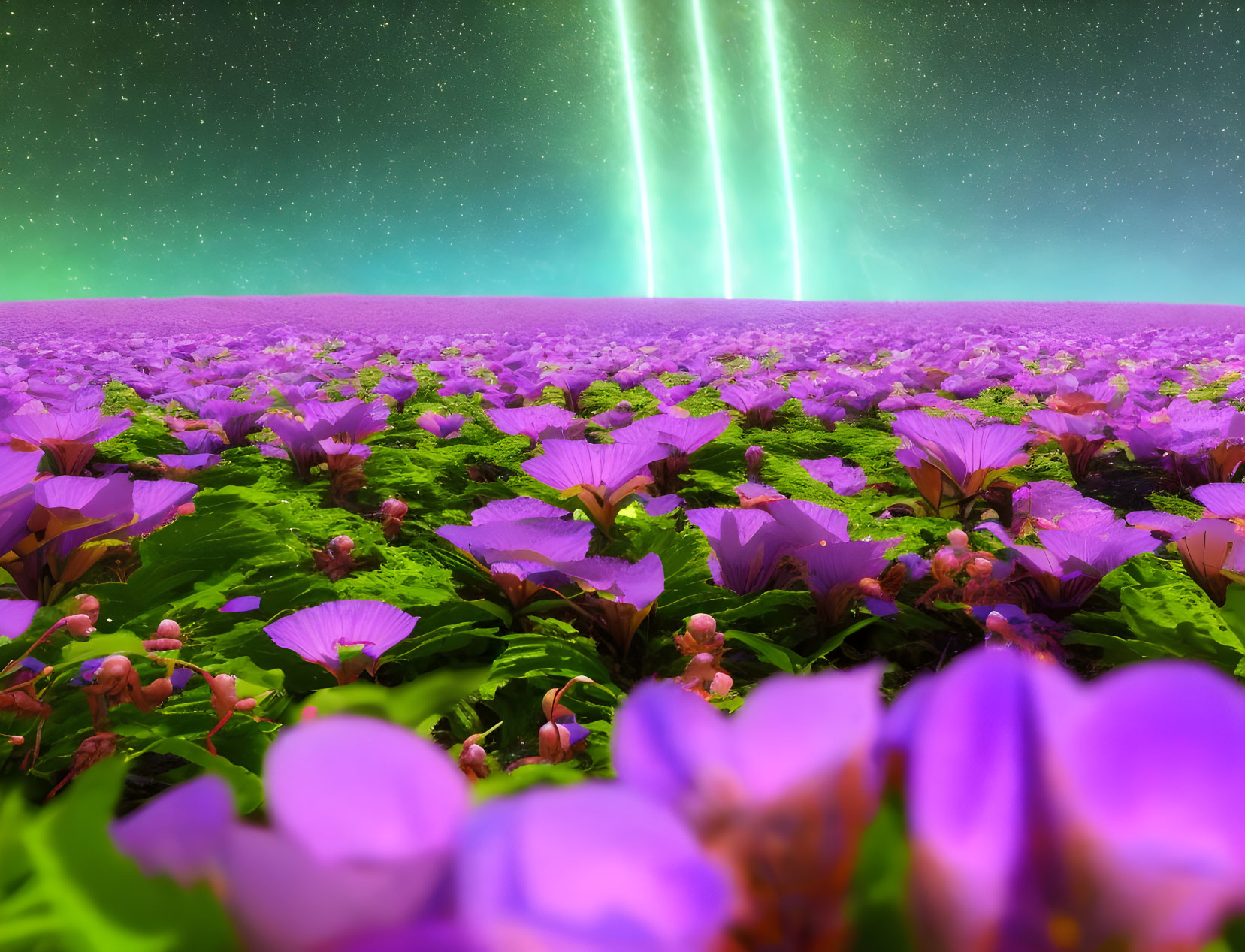 Purple Flowers Field Under Starry Sky with Aurora Borealis
