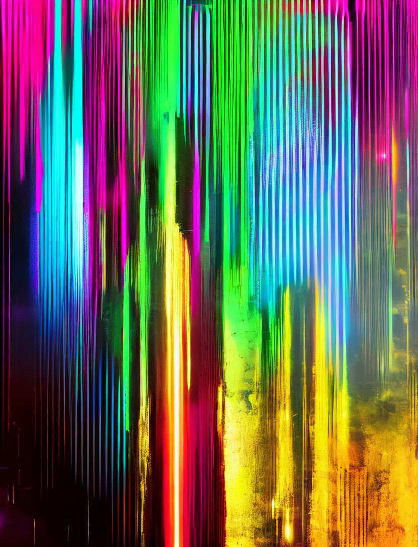 Colorful Abstract Art: Neon Pink, Green, and Yellow Streaks on Glossy Background
