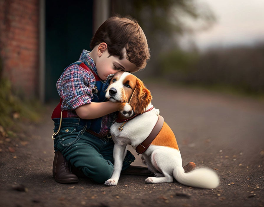 Young boy in plaid shirt hugging beagle dog by barn