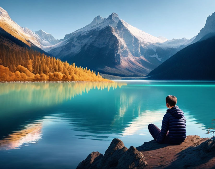 Tranquil Turquoise Lake Surrounded by Autumn Trees and Snow-Capped Mountains