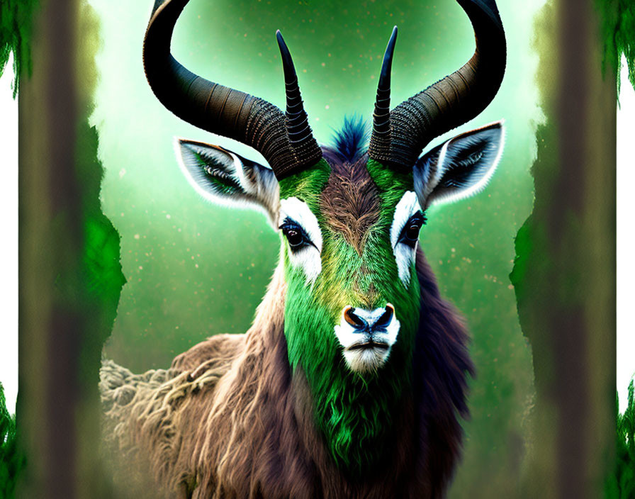 Spiral-horned antelope in mystical forest setting