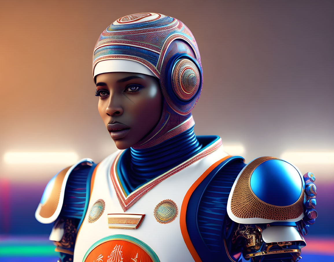 Futuristic African-inspired female figure in high-tech armor on neon-lit backdrop