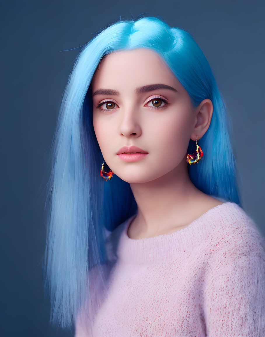 Young woman with bright blue hair, earrings, pink sweater on grey background