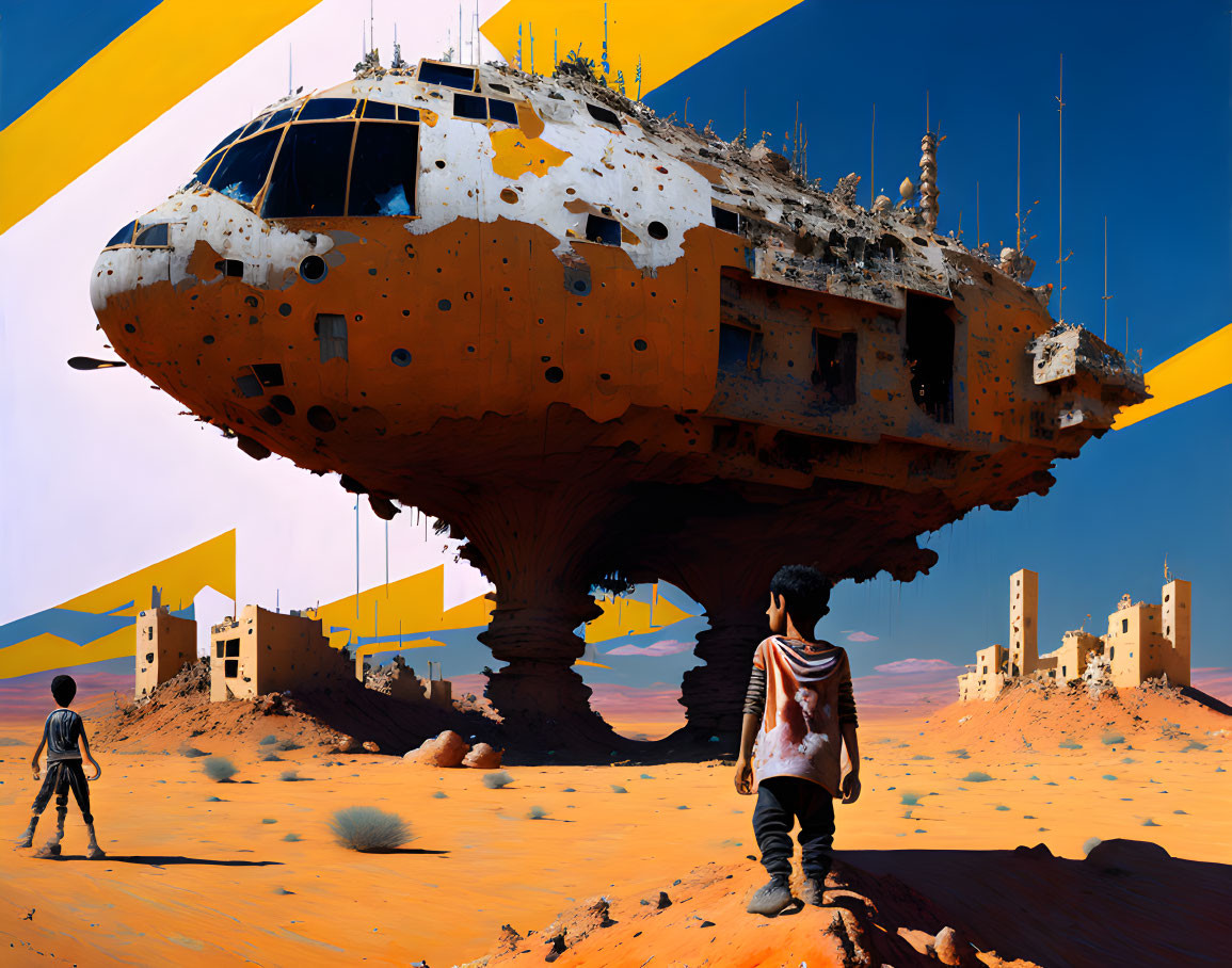 Abandoned futuristic ship on mushroom structure in desert landscape