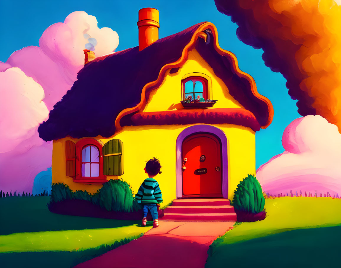 Child near vibrant cottage with red door in fantasy setting