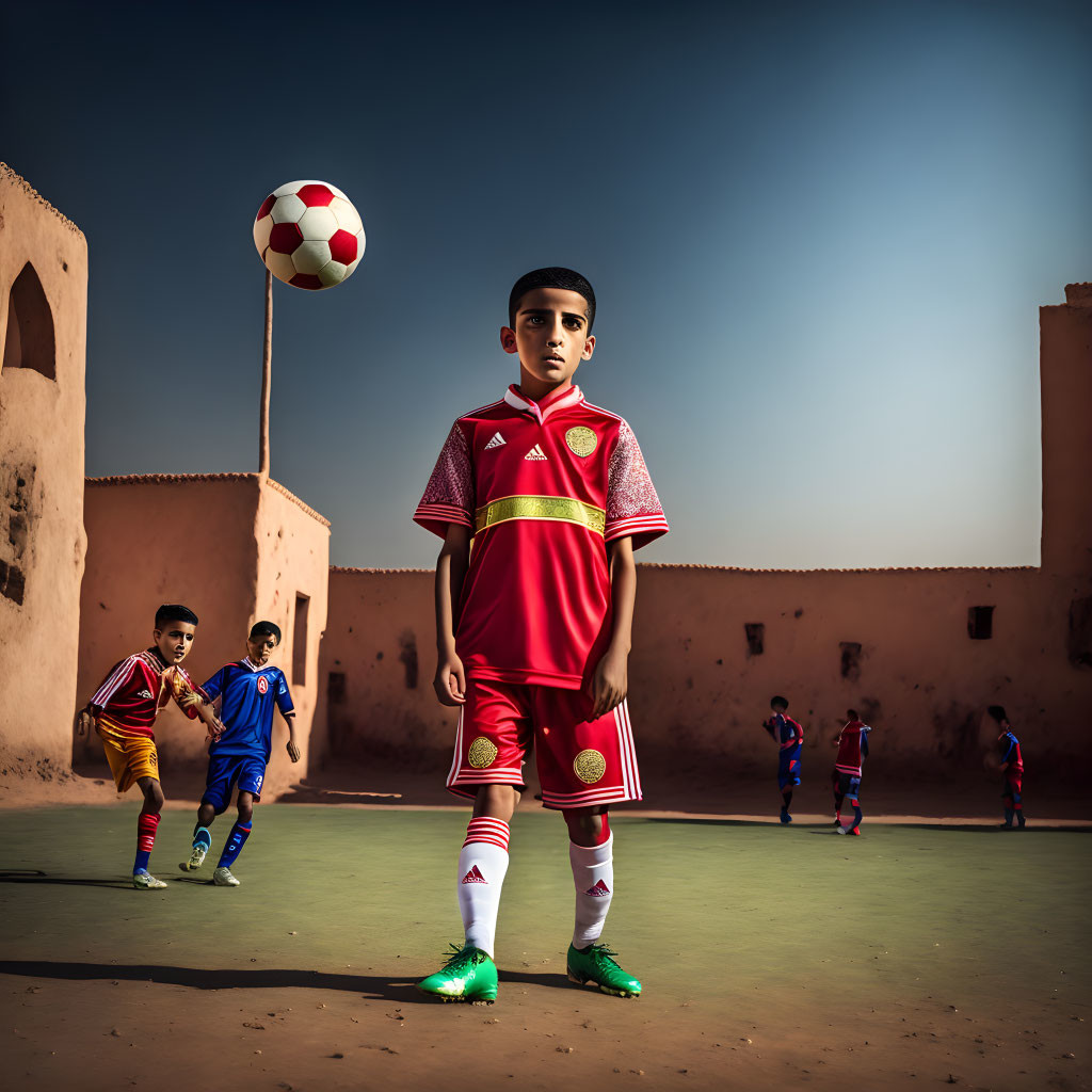 Young boy in red sports uniform balancing soccer ball among playing children and traditional buildings