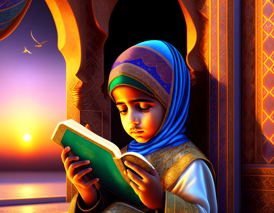 Young girl in blue hijab reading book at sunset through ornate window