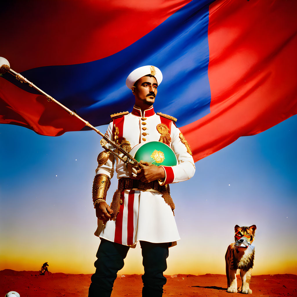 Man in ornate military uniform with flagpole and flag in desert with small tiger.