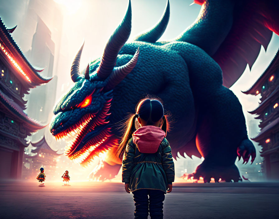 Young girl confronts neon-lit dragon in mystical cityscape