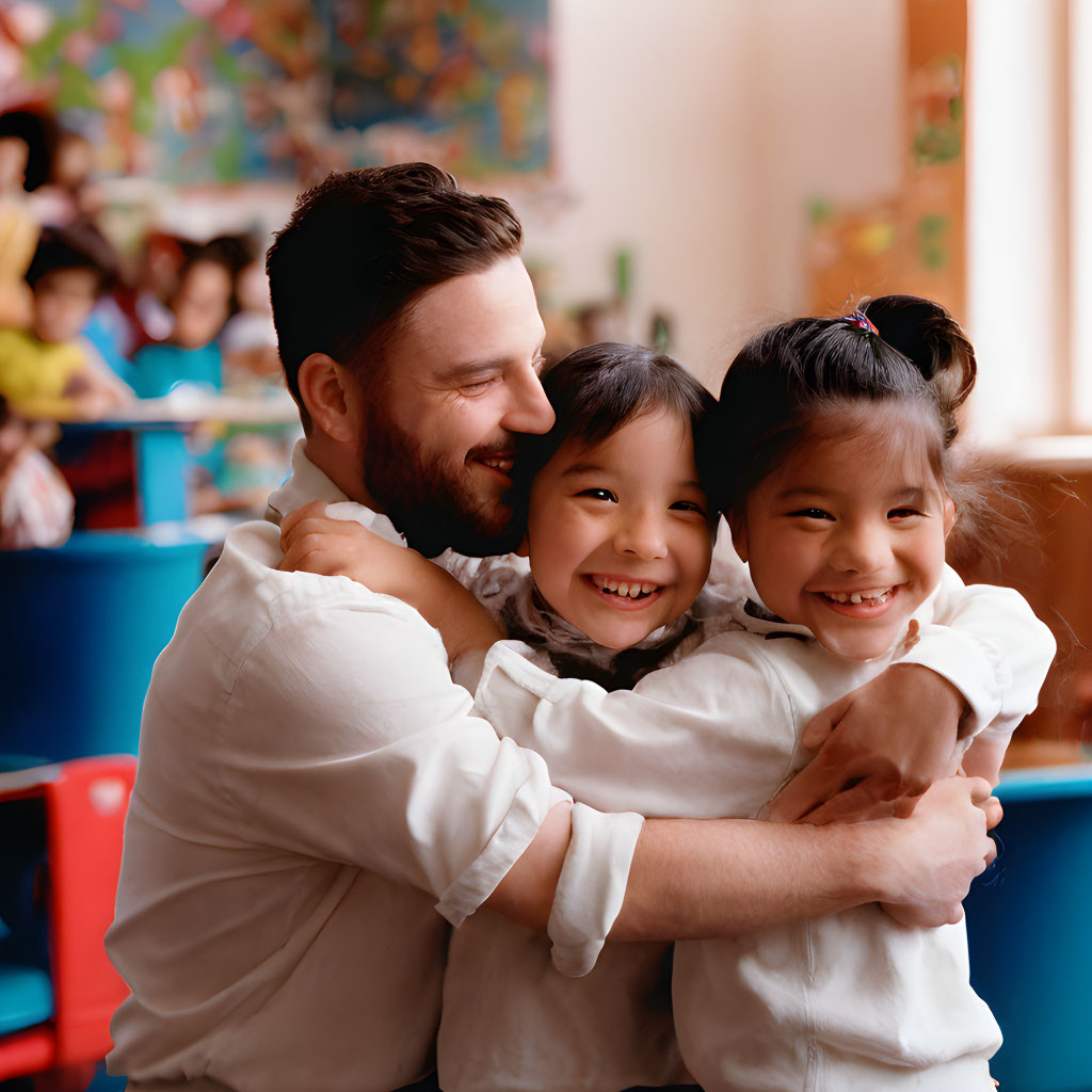 Smiling man with two young girls in colorful classroom portrait