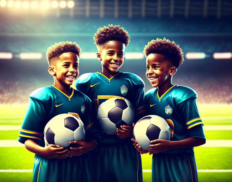 Three children in soccer jerseys holding footballs in stadium lights