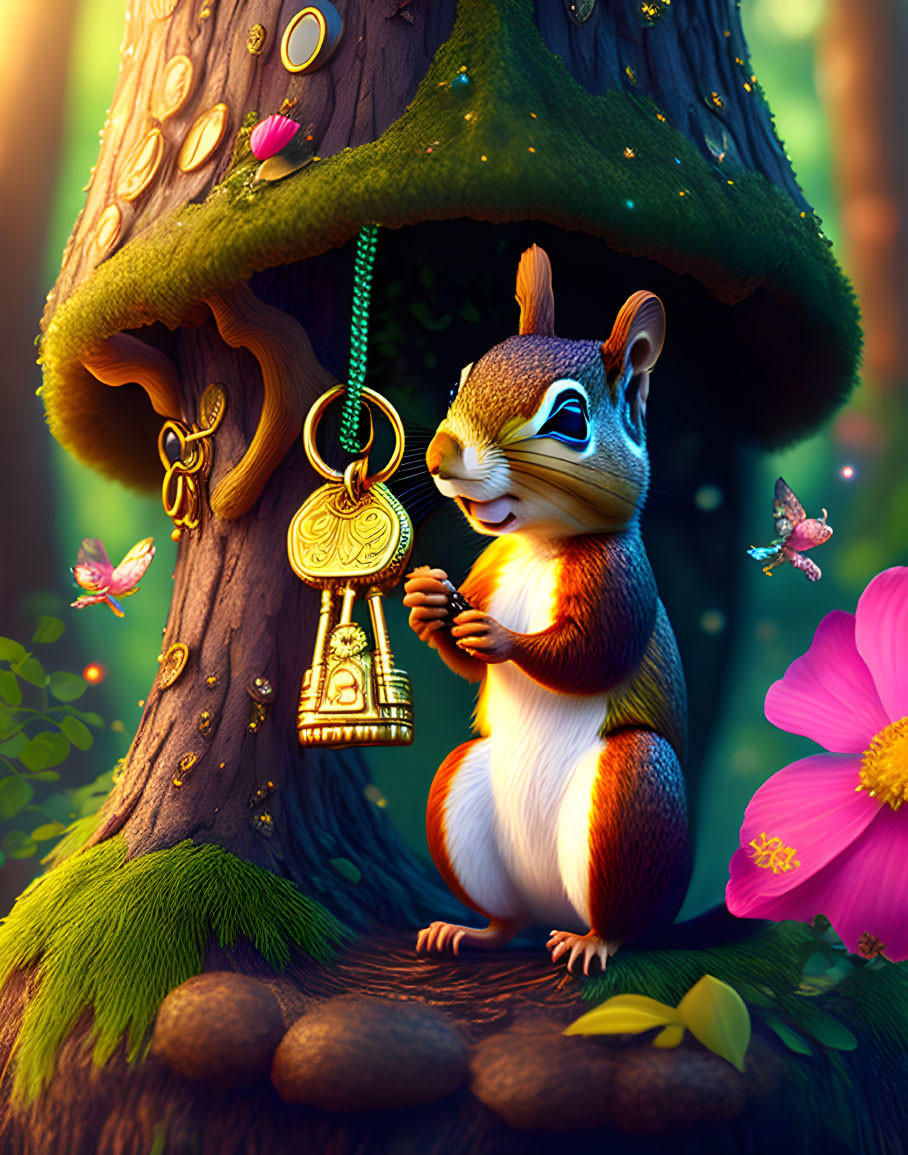 Colorful squirrel by jeweled tree with butterflies and flowers in magical forest.