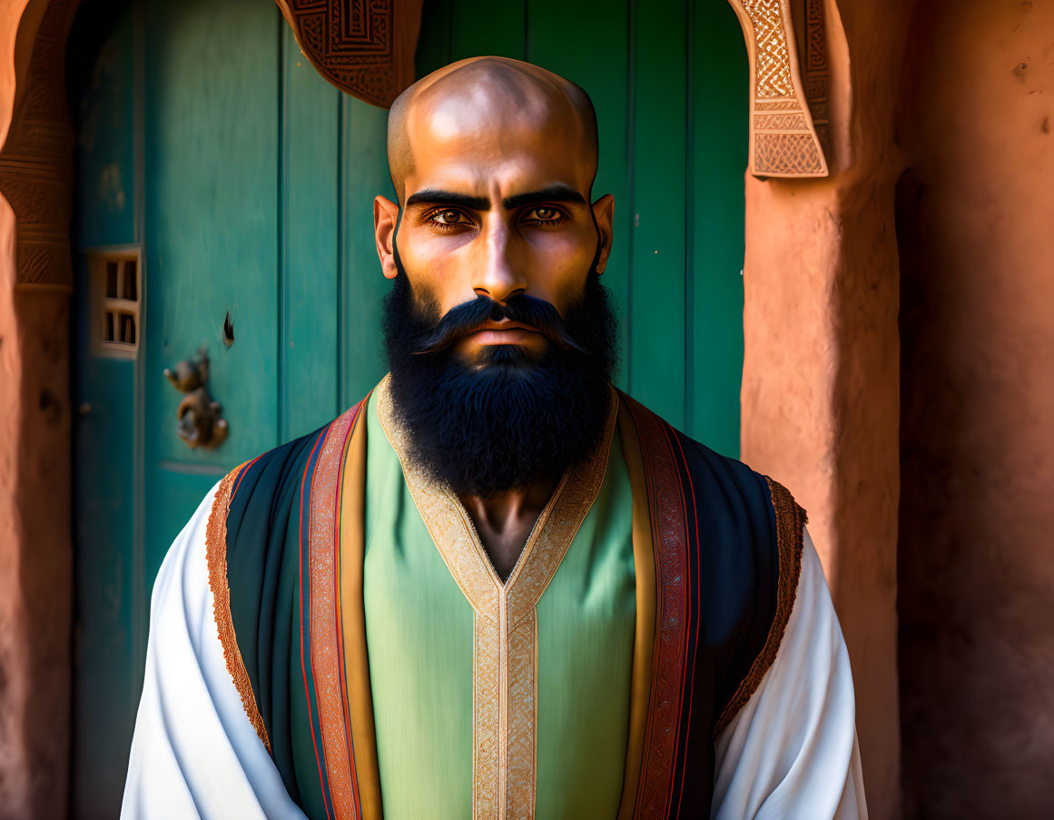 Digital art portrait of bearded man in traditional attire by teal door
