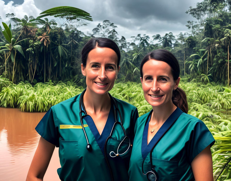 Two women in medical scrubs with stethoscopes against rainforest backdrop