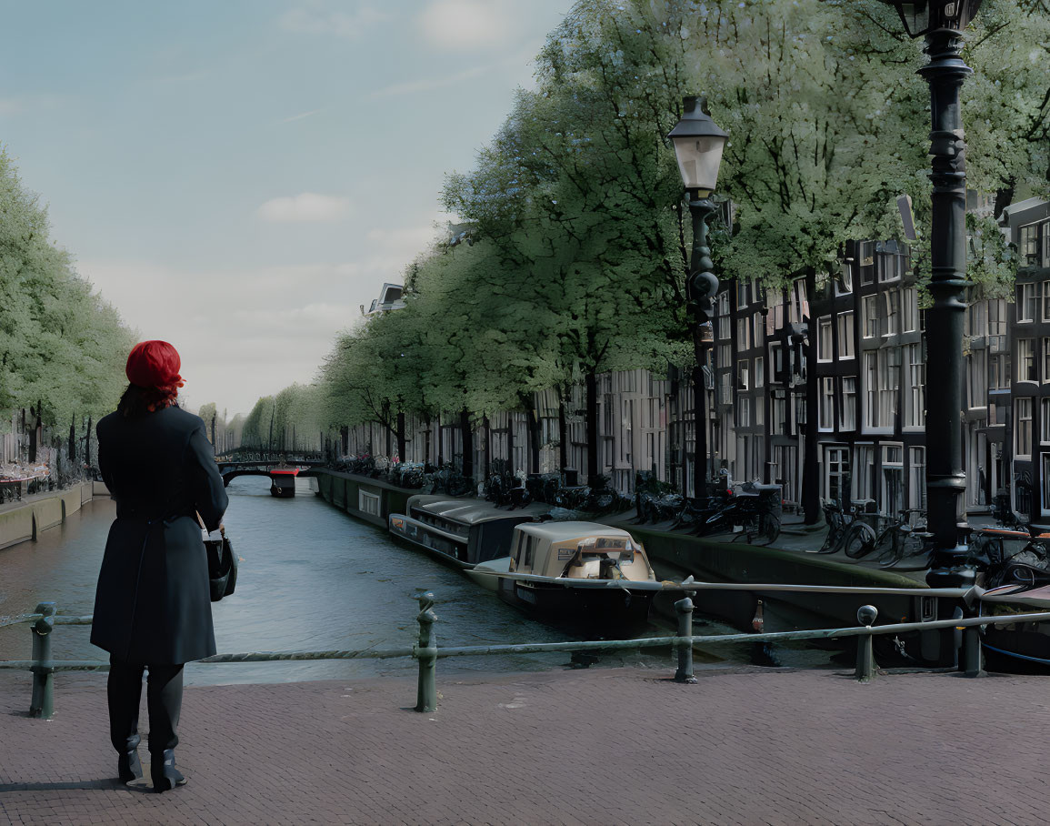 Red-haired woman admires serene canal with trees and traditional houses.