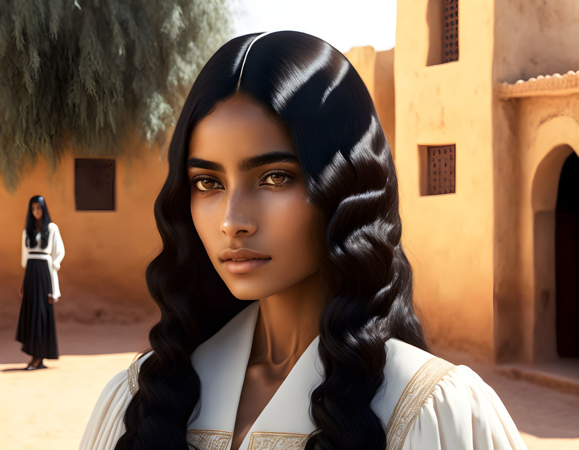 Dark-haired woman in traditional attire with piercing eyes in sunlit courtyard.